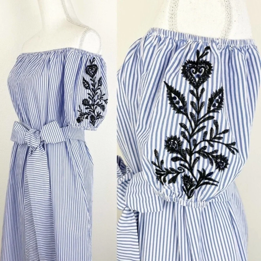 Who What Wear Dress Embroidered Striped Large‎ pockets tie waist off Shoulders - Picture 4 of 16